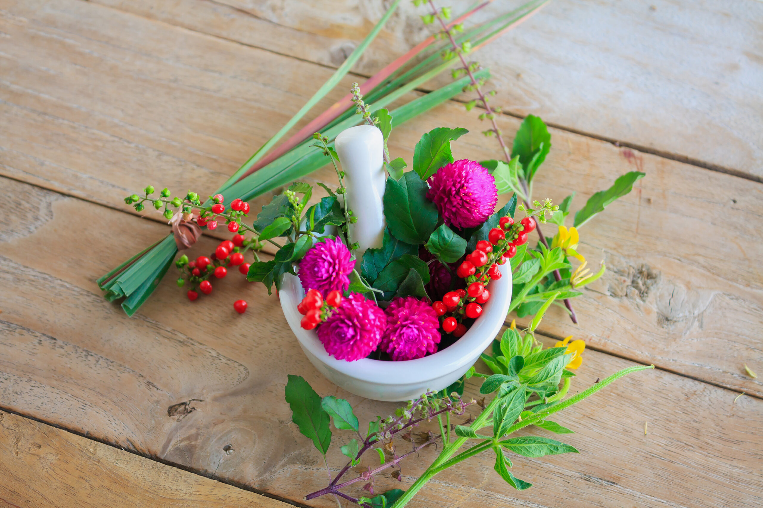 Fresh herbs in the mortar, alternative medicine
